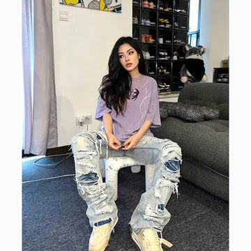 European and American High Street Spring and Autumn Vintage Destruction Washed Straight leg Jeans Couple Hip Hop Casual Pants